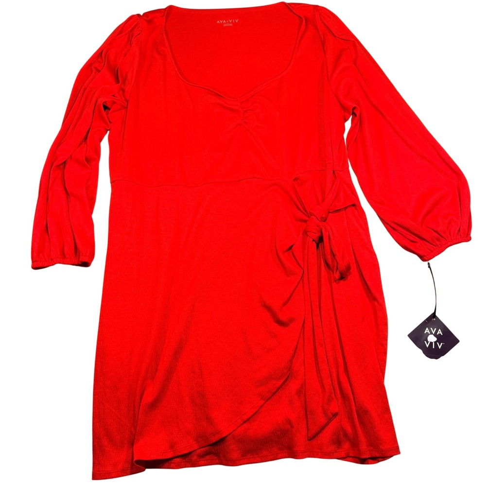 Ava & Viv Wrap Style Dress Womens 4X Red Long Sleeve Textured Knit Midi